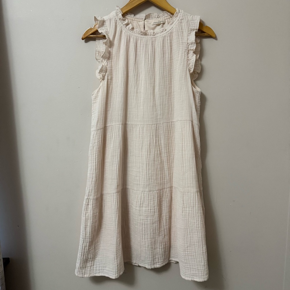 Copper Key (XS-S) cream ruffle sleeveless round neck mini tiered dress